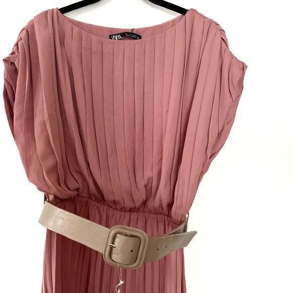 ZARA Rose Pink Marsala Pleated Midi Belted Dress Size Large NWT - Picture 6 of 10